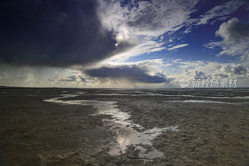 Wad或wadden空景观在瓦登海自然保护区'de wadden '与潮汐沙滩在荷兰北部